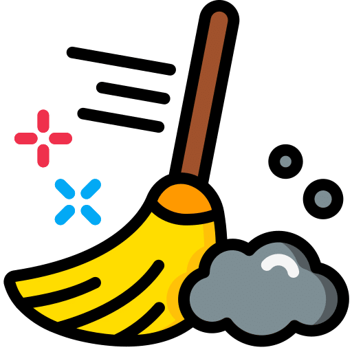 Ein gelber Besen im Cartoon-Stil fegt mit Bewegungslinien und bunten Glitzern Staub und Schutt zusammen und symbolisiert so die Reinigung - perfekt, um die gründlichen Dienstleistungen eines Umzugsunternehmens Frankfurt zu illustrieren. - Family Umzüge