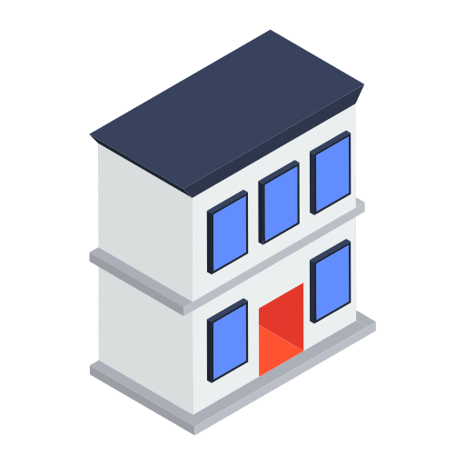 Isometrische Illustration eines zweistöckigen Gebäudes mit dunklem Dach, blauen Fenstern und einer roten Tür im unteren Stockwerk vor einem schlichten hellen Hintergrund - ideal für die Darstellung eines Umzugsunternehmens in Frankfurt. - Family Umzüge