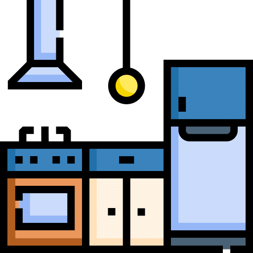 Illustration einer modernen Küche mit einem blauen Kühlschrank, Herd mit Backofen, zwei Schränken, einer gelben Hängelampe und einer Dunstabzugshaube vor einem hellen Hintergrund - die perfekte Inspiration für jedes Projekt eines Umzugsunternehmens in Frankfurt. - Family Umzüge