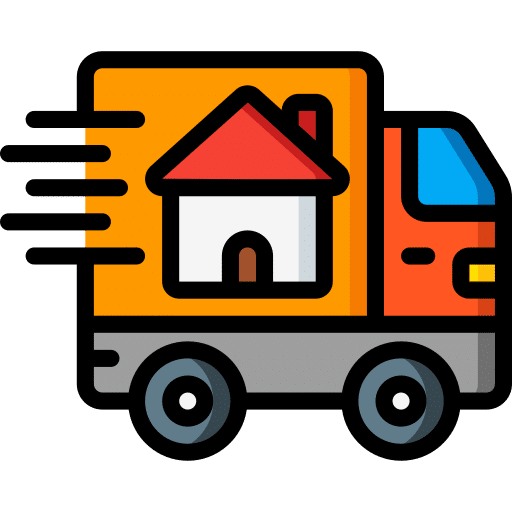 Illustration eines Umzugswagens mit einem Haussymbol an der Seite, das auf Umzugsdienstleistungen hinweist. Die Räder und Bewegungslinien deuten auf Geschwindigkeit hin, und "Kontakt" deutet auf einfache Kommunikation bei der Buchung hin. - Family Umzüge