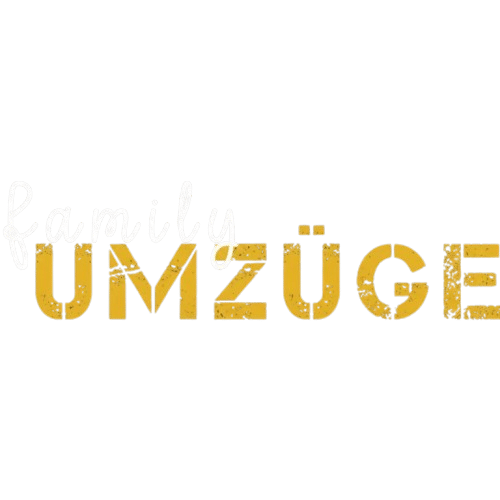 Textlogo mit dem Wort Familie in schwarzer, handgeschriebener Schrift über dem Wort UMZÜGE in fetten, gelben Großbuchstaben. UMZÜGE hat deutsche Umlaute über den U-Buchstaben. - Family Umzüge Frankfurt